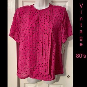 Vintage 80’s Hot Pink Black Geometric Pleated Front Blouse Top NWT